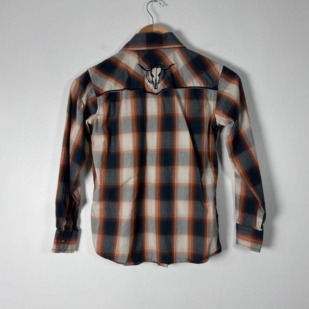 Western Cowboy Hardware Kids Med Shirt Orange Blue Plaid Bull Skull Snap Front - Picture 2 of 10